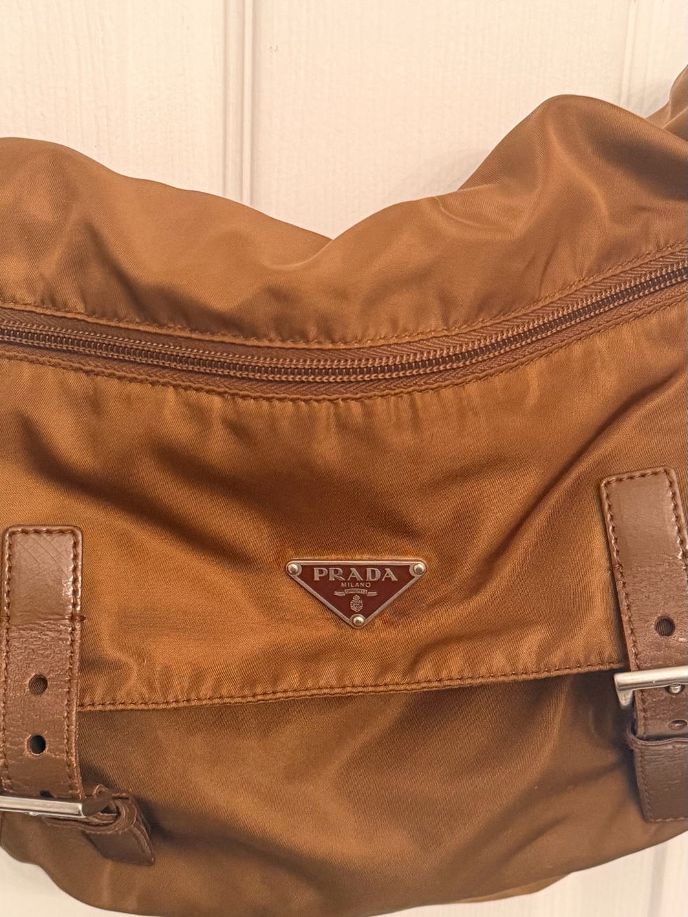 Prada Army Green Nylon Messenger Bag with Leather Trim